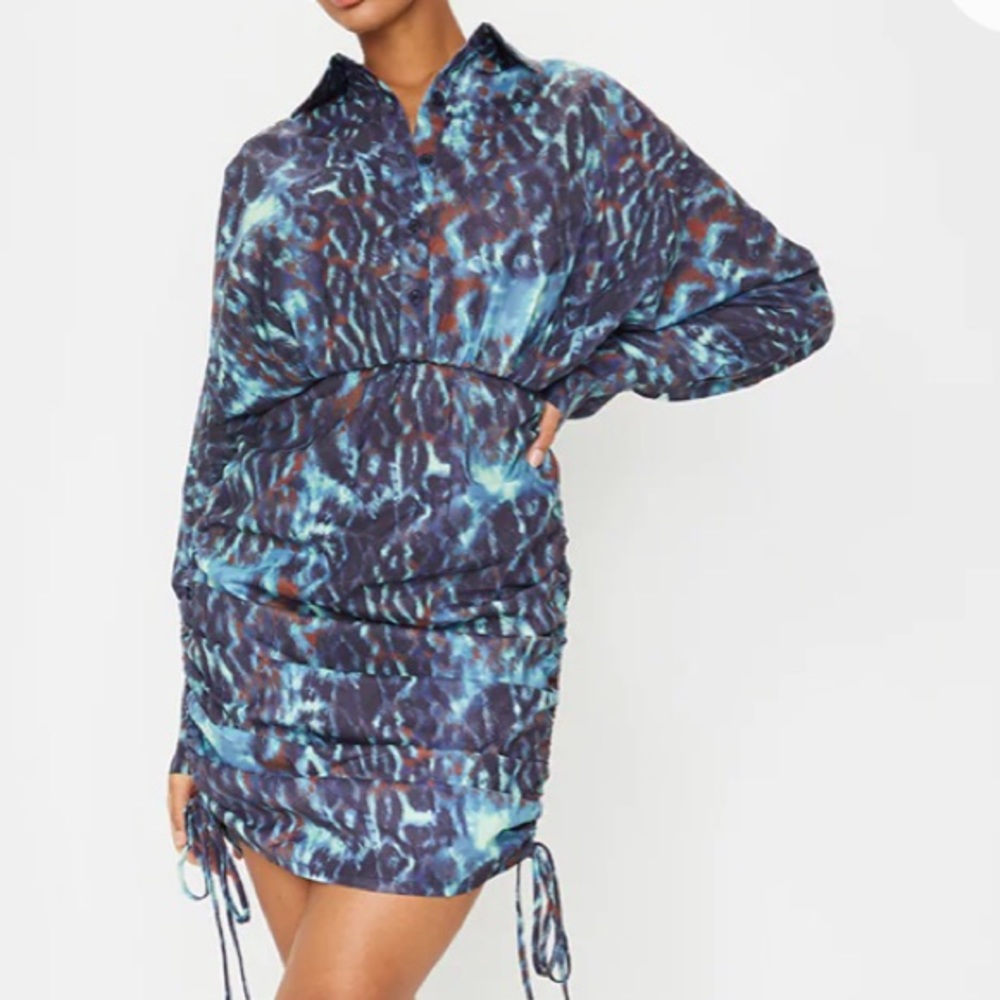 Multi Animal Print Ruched Waist Shirt Style Dress